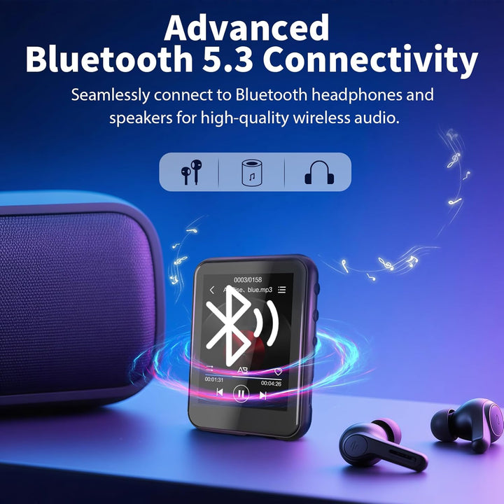 64 GB MP3-Player mit Bluetooth 5.3, QNGEE 2,4-Zoll-Full-Touchscreen-Musik-MP3 für Kinder, FM-Radio,