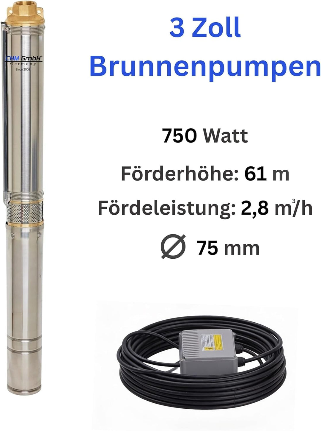 CHM GmbH® Tiefbrunnenpumpe 3 Zoll 550 Watt 3780 l/h 6,1 Bar Druck 20m Kabel u. Motorschutzschalter 5