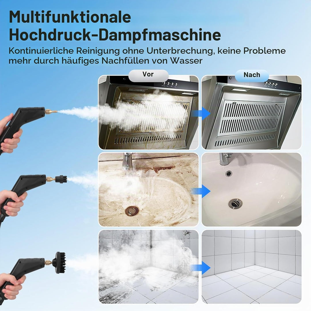 Handdampfreiniger 7-in-1, 1500W | 1,2L Wassertank für Küche &amp; Bad | Hochdruck-Dampfgarer (3BAR) gege