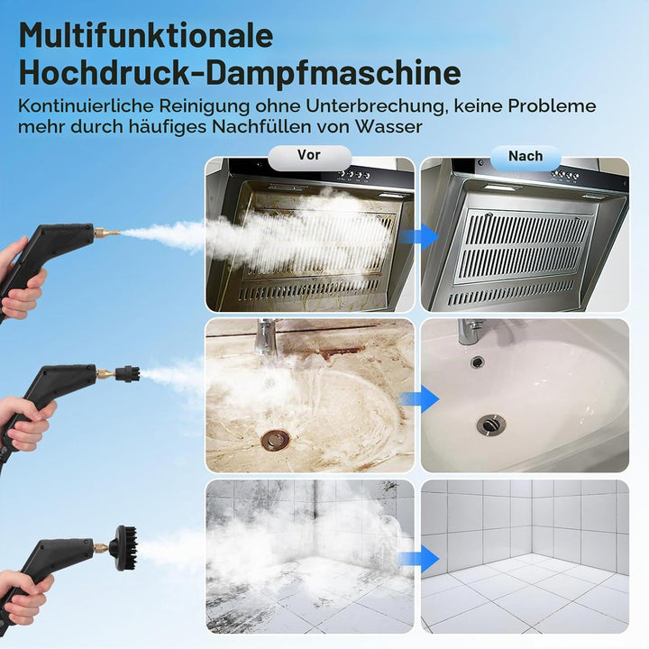 Handdampfreiniger 7-in-1, 1500W | 1,2L Wassertank für Küche &amp; Bad | Hochdruck-Dampfgarer (3BAR) gege