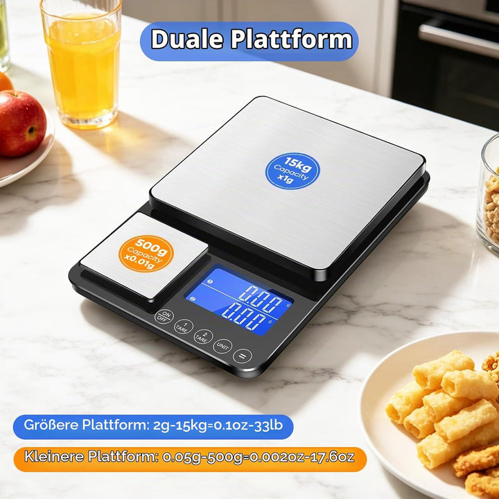 Digitale Küchenwaage mit Dualer Wiegefläche, 15kg/1g &amp; 500g/0.01g Präzisionswaage, Tara &amp; Summierung