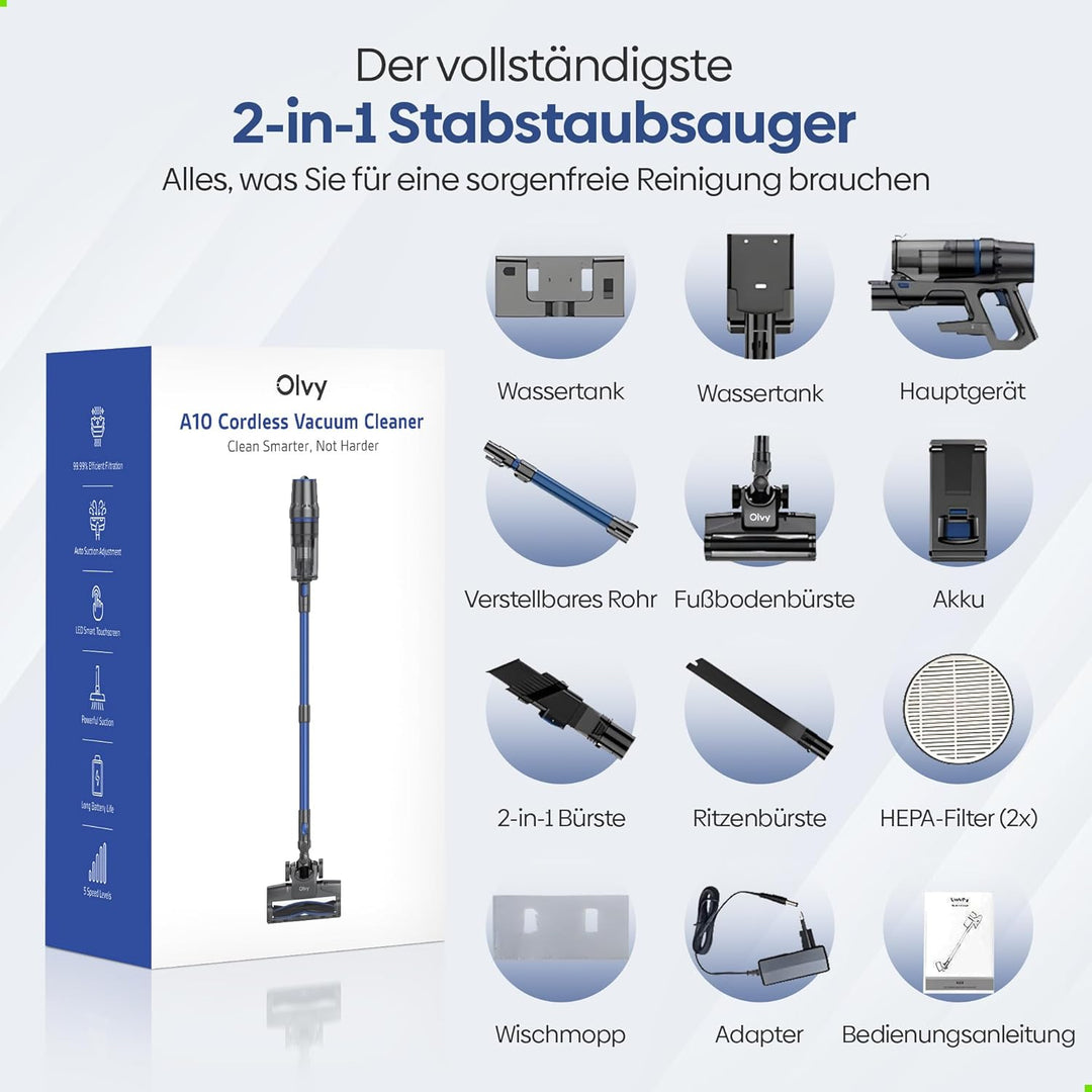 Olvy Akku-Staubsauger mit Wischfunktion, Tierhaare/Teppiche/Hartböden, Kabelloser 2-in-1, ohne Beute