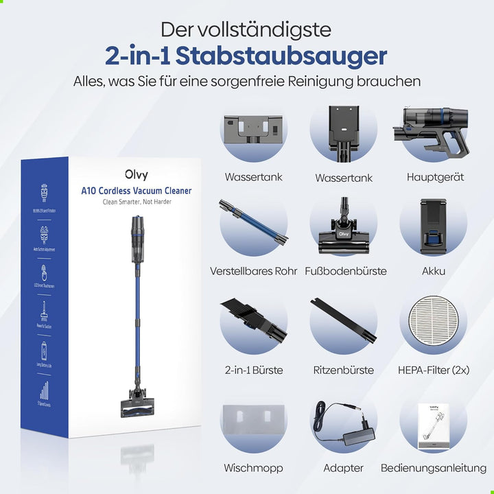 Olvy Akku-Staubsauger mit Wischfunktion, Tierhaare/Teppiche/Hartböden, Kabelloser 2-in-1, ohne Beute
