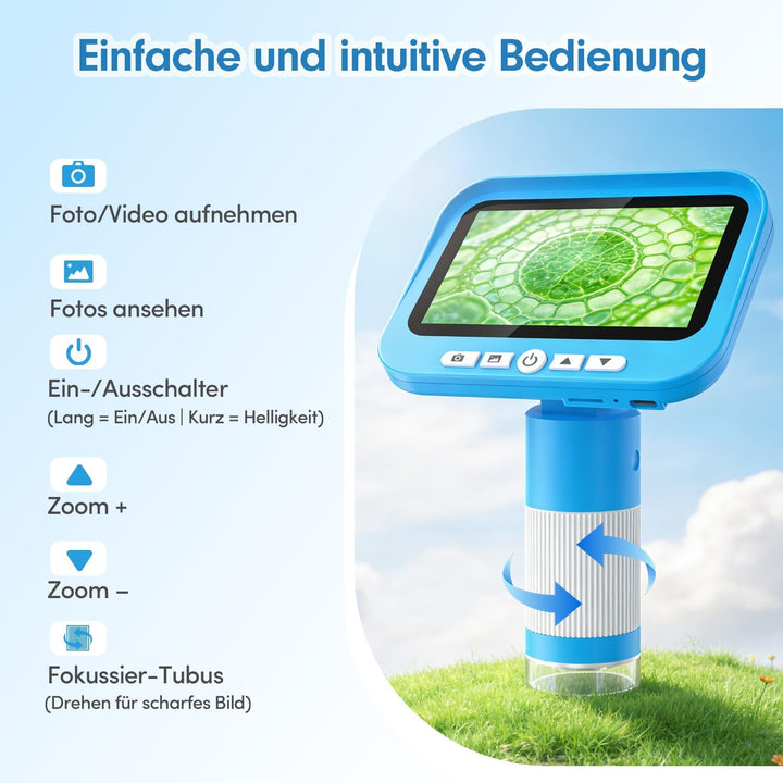 FINIBO Digitales Mikroskop für Kinder 1000X, 4,3″ grosser Bildschirm, Kindermikroskop zum Lernen & F