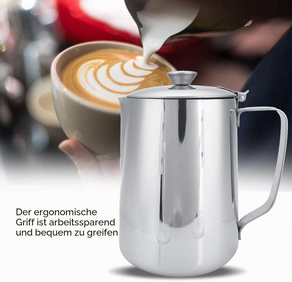 Nikou Milchkännchen Edelstahl, Milchkanne mit Deckel Schaumbecher, Coffee Barista Kaffeetasse Becher