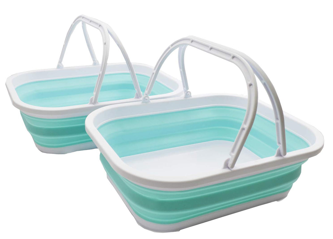 SAMMART 12L Collapsible Basket with Handle (White/Lake Green, 2) White/Lake Green 2, White/Lake Gree