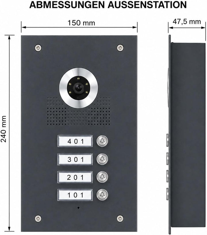 2 Draht Bus Video Türsprechanlage mit RFID für 4 Familienhaus – Monitor weiss, Aussenstation Anthraz