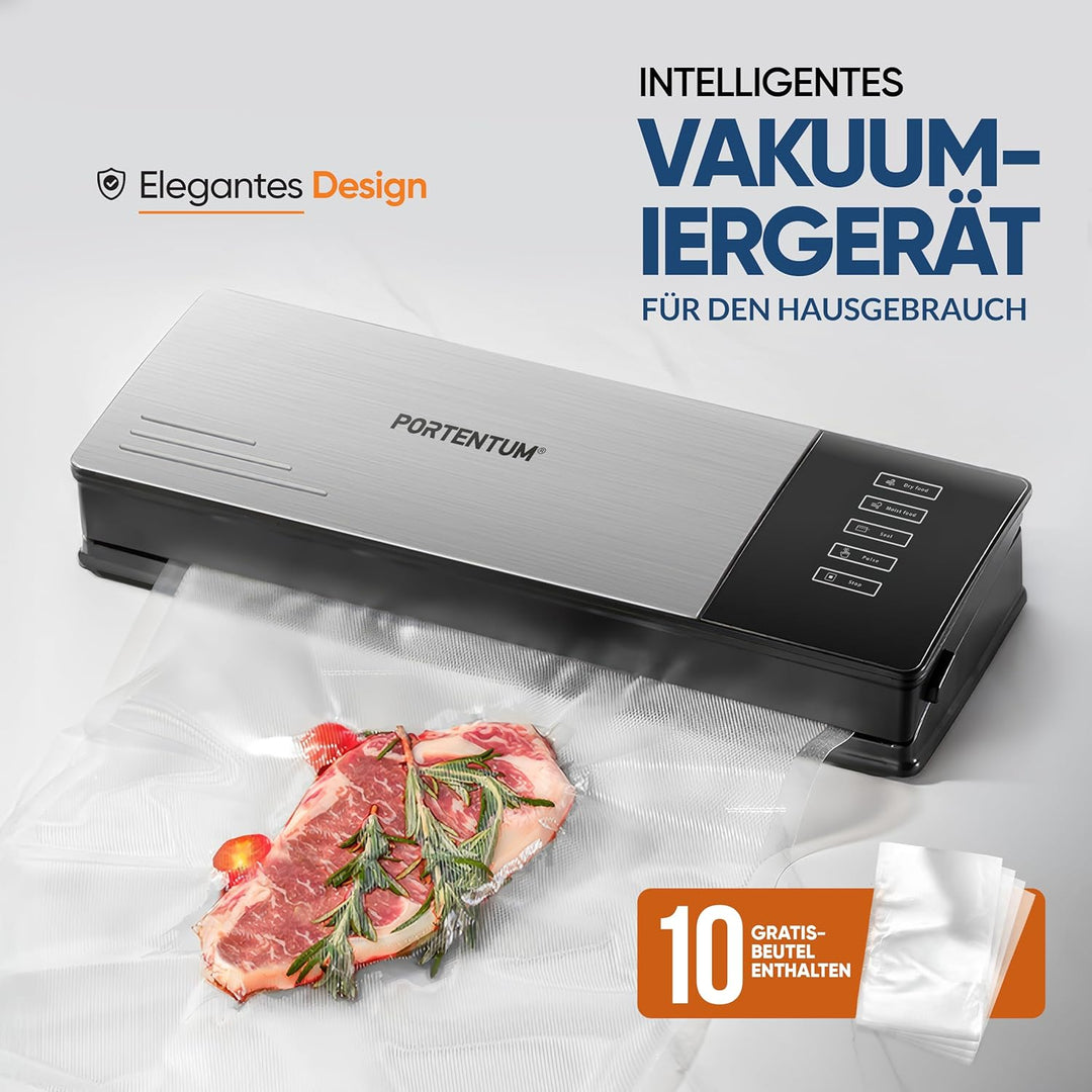 PORTENTUM Vakuumierer für Lebensmittel mit 10 gratis Beuteln – Vakuumiergerät für Lebensmittel – Fol