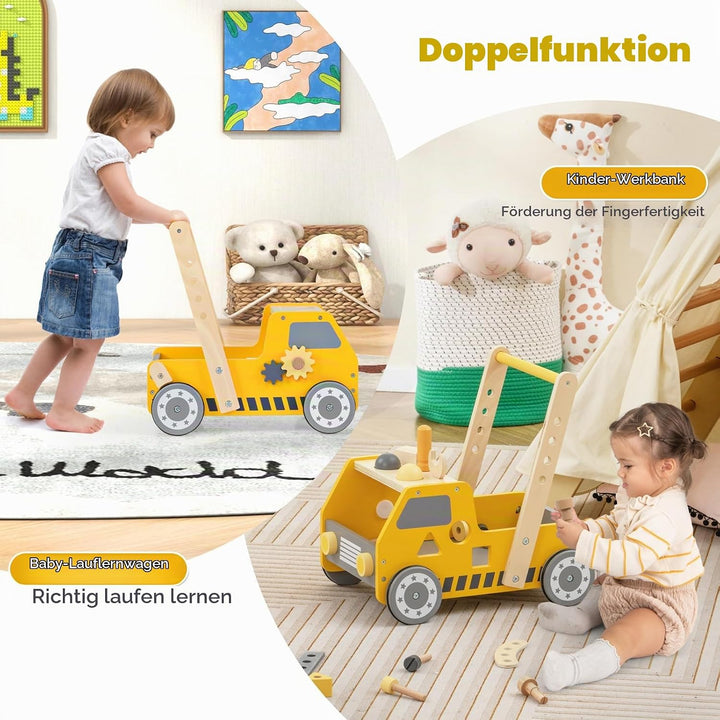 LIFEZEAL Holz Lauflernwagen, Lauflernhilfe in LKW-Form mit 4 Rädern & Bremse, Multifunktion Holzspie