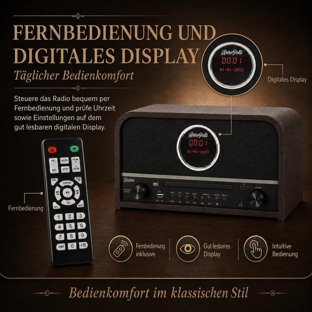 Retropolis Boston Wohnzimmer-Radio – Netzwerk DAB+ DIGITAL AM/FM USB-A Bluetooth CD LED – Vintage De