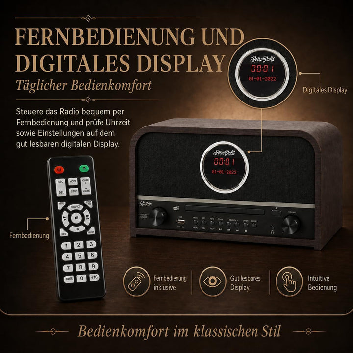 Retropolis Boston Wohnzimmer-Radio – Netzwerk DAB+ DIGITAL AM/FM USB-A Bluetooth CD LED – Vintage De
