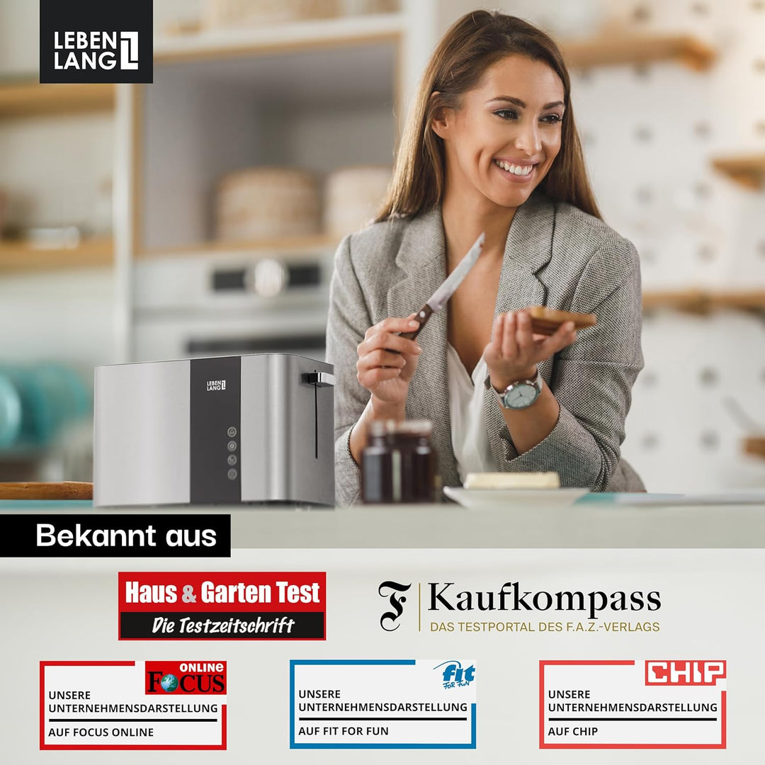 LEBENLANG Edelstahl Toaster mit Brötchenaufsatz 2 Scheiben - Touchscreen LED Display & 7 Stufen I 85