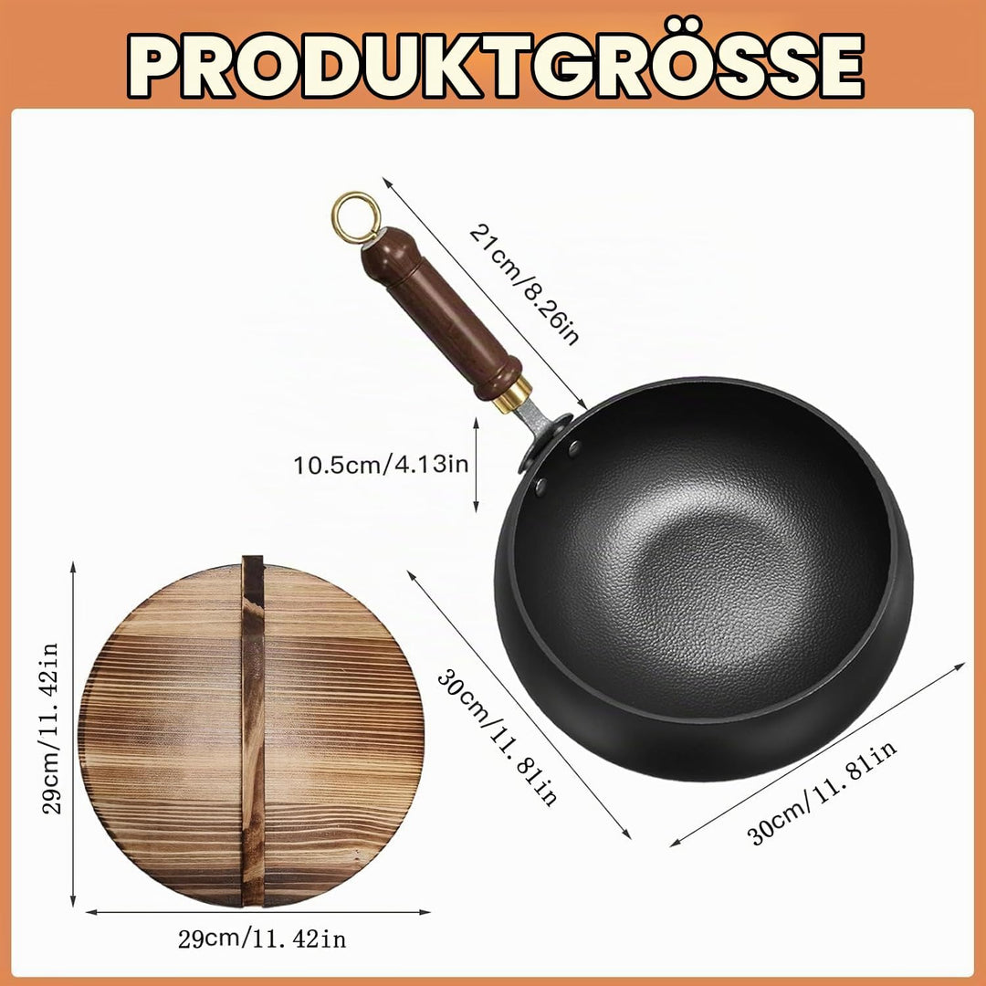 Japanische Eisenpfanne mit Holzdeckel, 28cm Natürlich Antihaft &amp; Ohne Chemische Beschichtung Iron Pa