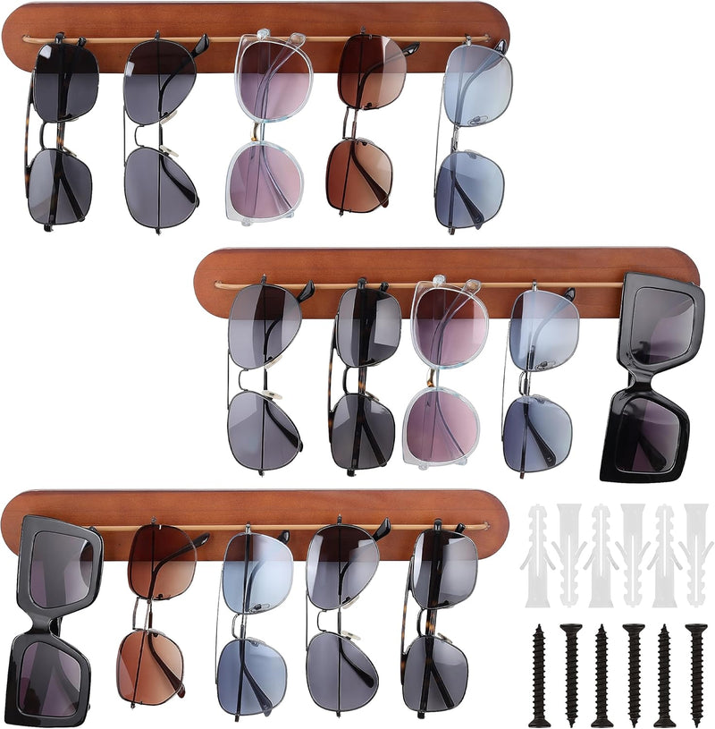 Kurtzy 3er Pack Brillenhalter Wand Hänge Organizer aus Holz - Aufbewahrung Hängend Brillen Organizer