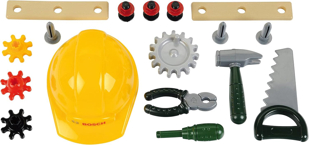 Theo Klein 8604 Bosch Werkbank Junior I Inkl. Helm, Schraubstock, Werkzeugen, Latten, Nägel, Schraub