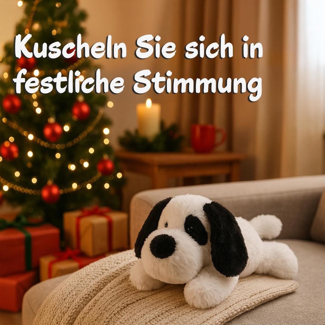 WEIGEDU Plüschhund Kuscheltier Schwarz-Weiss – Weiches Stofftier Hund 50 cm, Liegender Kuschelhund P
