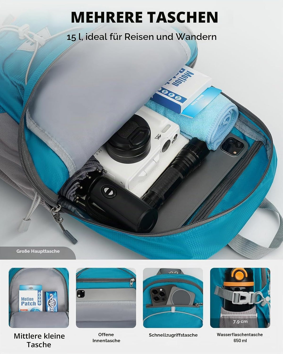 WATERFLY Rucksack Klein Faltbarer Rucksack: 15L Ultraleicht Wanderrucksack Foldable Backpack mit Atm