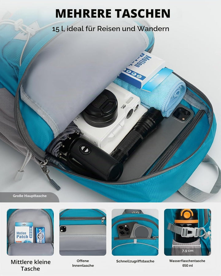 WATERFLY Rucksack Klein Faltbarer Rucksack: 15L Ultraleicht Wanderrucksack Foldable Backpack mit Atm