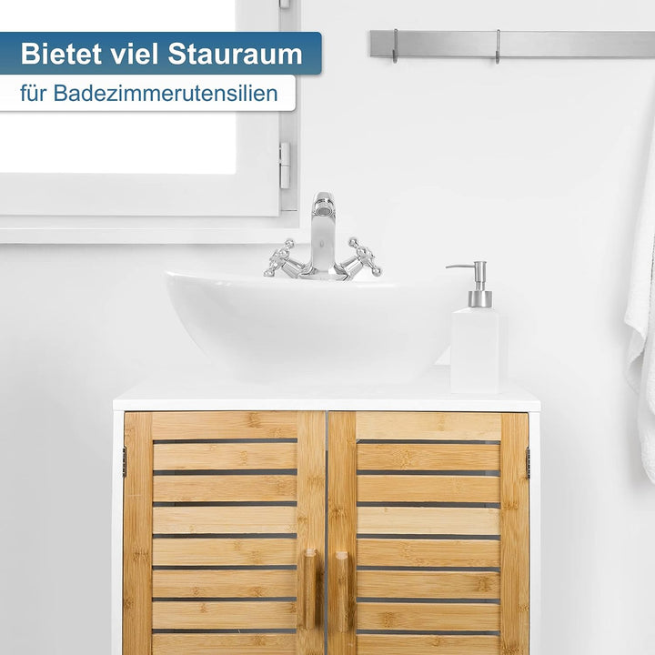 osoltus Bad Waschbecken Unterschrank Kopenhagen Bambus Holz Weiss - Unterschrank für Badezimmer - 60