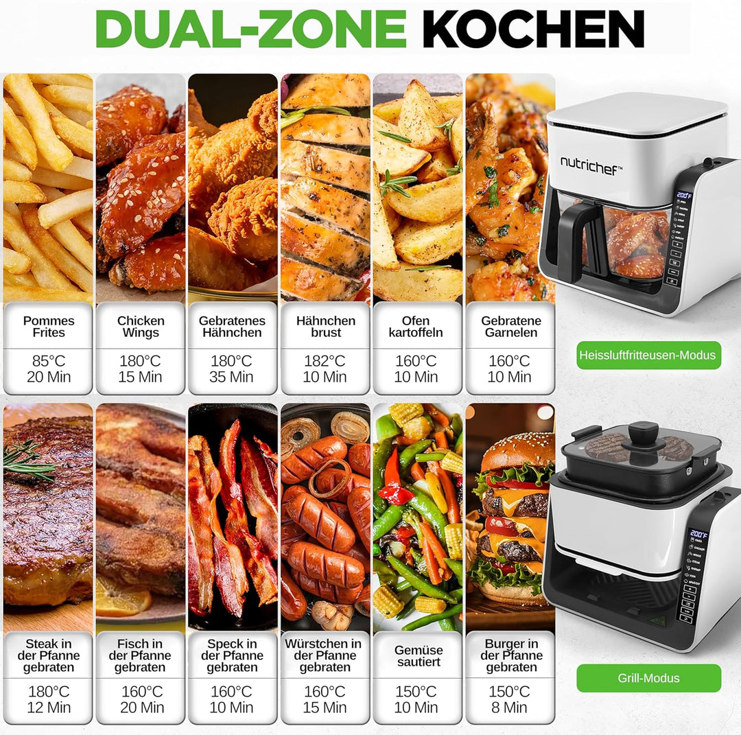 NutriChef 4L Airfryer & Elektrogrill – 7-in-1 Glas Heissluftfritteuse + 1.2L Grill Frittieren, Grill