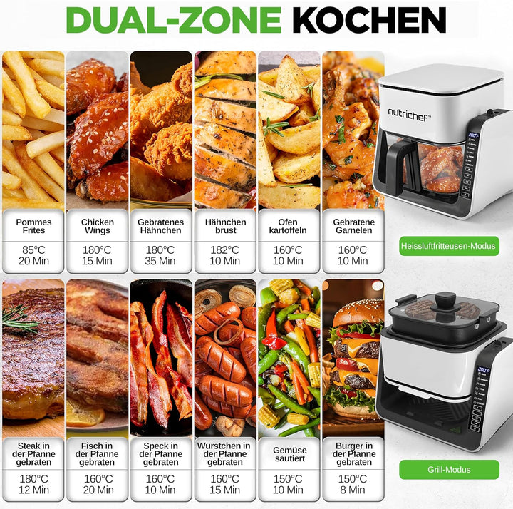 NutriChef 4L Airfryer & Elektrogrill – 7-in-1 Glas Heissluftfritteuse + 1.2L Grill Frittieren, Grill