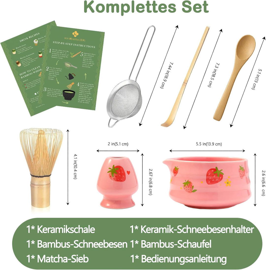 Matcha Set mit Erdbeermuster, Bestehend aus Schale mit Ausguss, Schneebesen, Halter, Bambuslöffel un