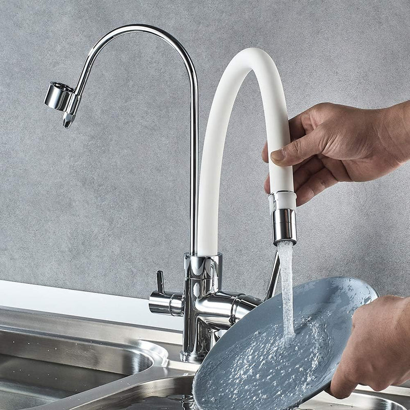 Ibergrif M22122-3 - 3 Wege Küchenarmatur, Wasserhahn für Küche mit Weiss Flexibler Auslauf, Chrom, S