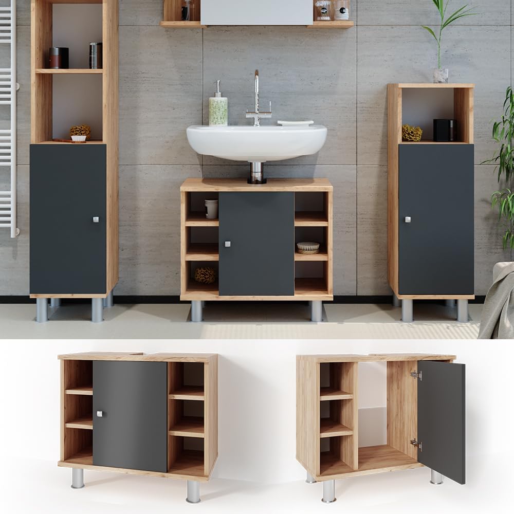 Vicco Waschbeckenunterschrank Fynn, Anthrazit/Goldkraft Eiche, 60 x 54 cm, mit Aussparung für Siphon