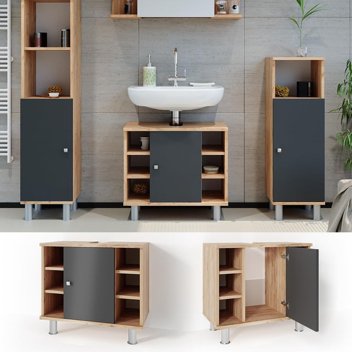 Vicco Waschbeckenunterschrank Fynn, Anthrazit/Goldkraft Eiche, 60 x 54 cm, mit Aussparung für Siphon