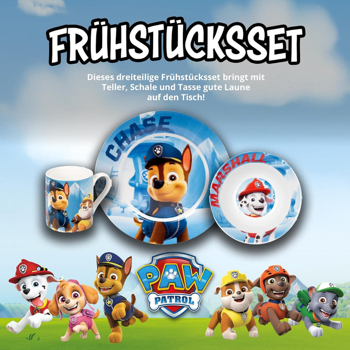 Paw Patrol Frühstücksset für Kinder - Geschirr Set 3-teilig Teller, Schale &amp; Tasse aus Porzellan