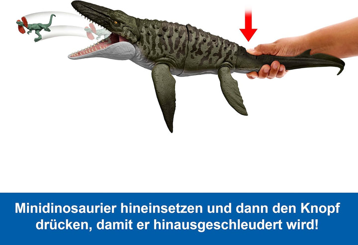 Mattel Jurassic World: Die Wiedergeburt Bite N Blast Mosasaurus Actionfigur und Mini-Dilophosaurus,