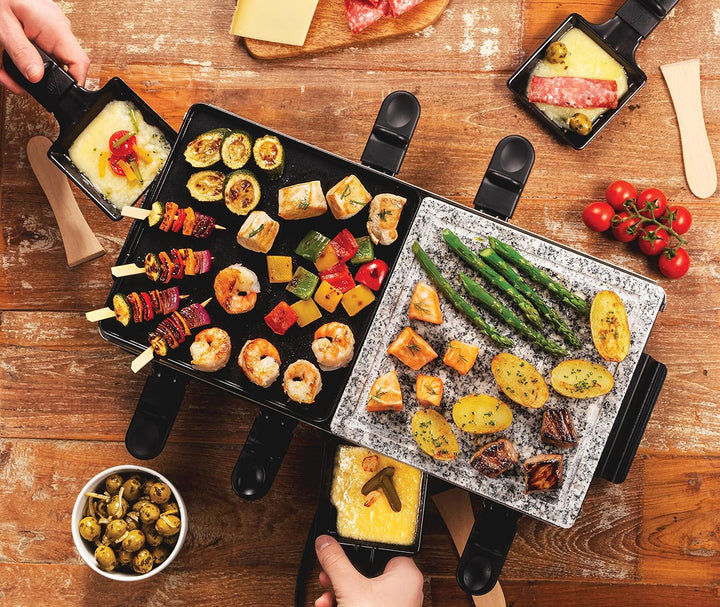 Russell Hobbs Raclette Grill 8 Personen (inkl. 8 Pfännchen & Holzspachtel,2 Tischgrill-Platten: Natu