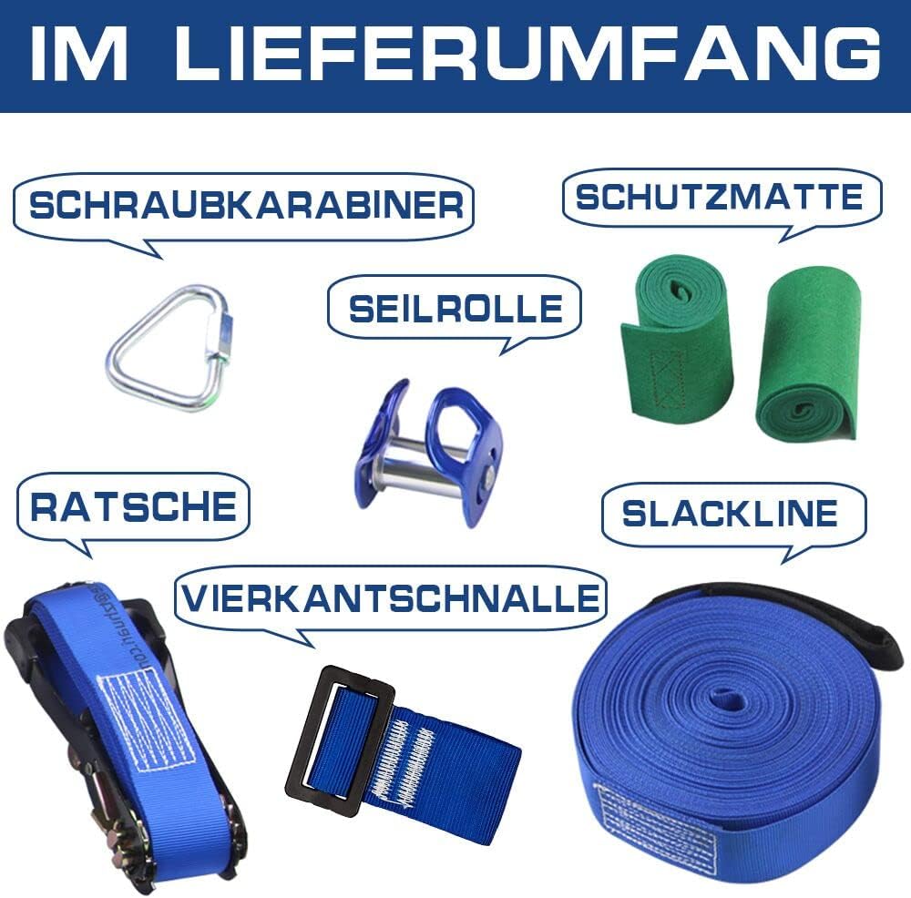 Slackline-Set mit Seilrolle + Baum Schutz, 15m Slackline, Pully-Zubehör für Hindernisparcours, Slack