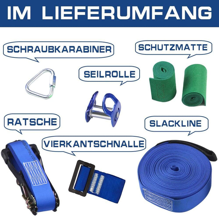 Slackline-Set mit Seilrolle + Baum Schutz, 15m Slackline, Pully-Zubehör für Hindernisparcours, Slack