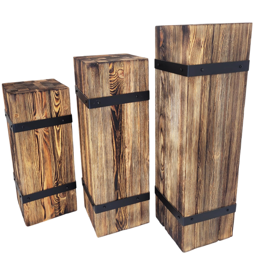 weeco Dekorative Holzsäule Set 3-tlg. – rustikale Sockel, Pflanzenständer und Dekosäulen, massives K