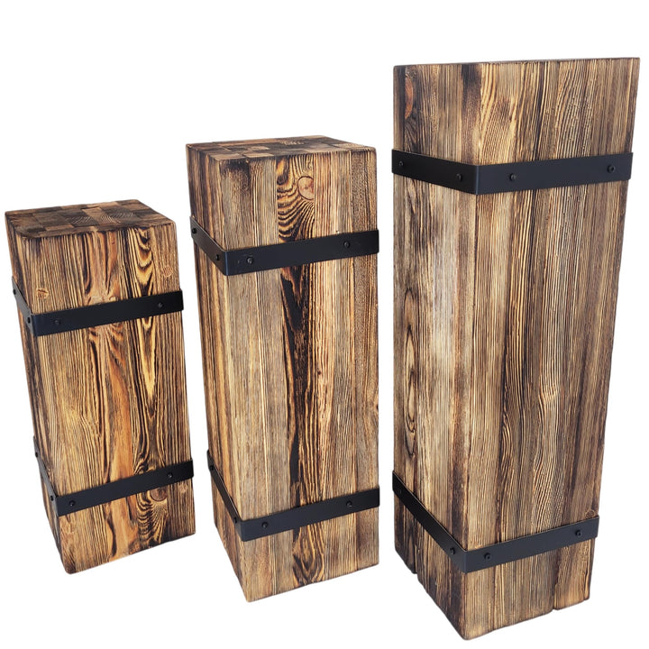 weeco Dekorative Holzsäule Set 3-tlg. – rustikale Sockel, Pflanzenständer und Dekosäulen, massives K