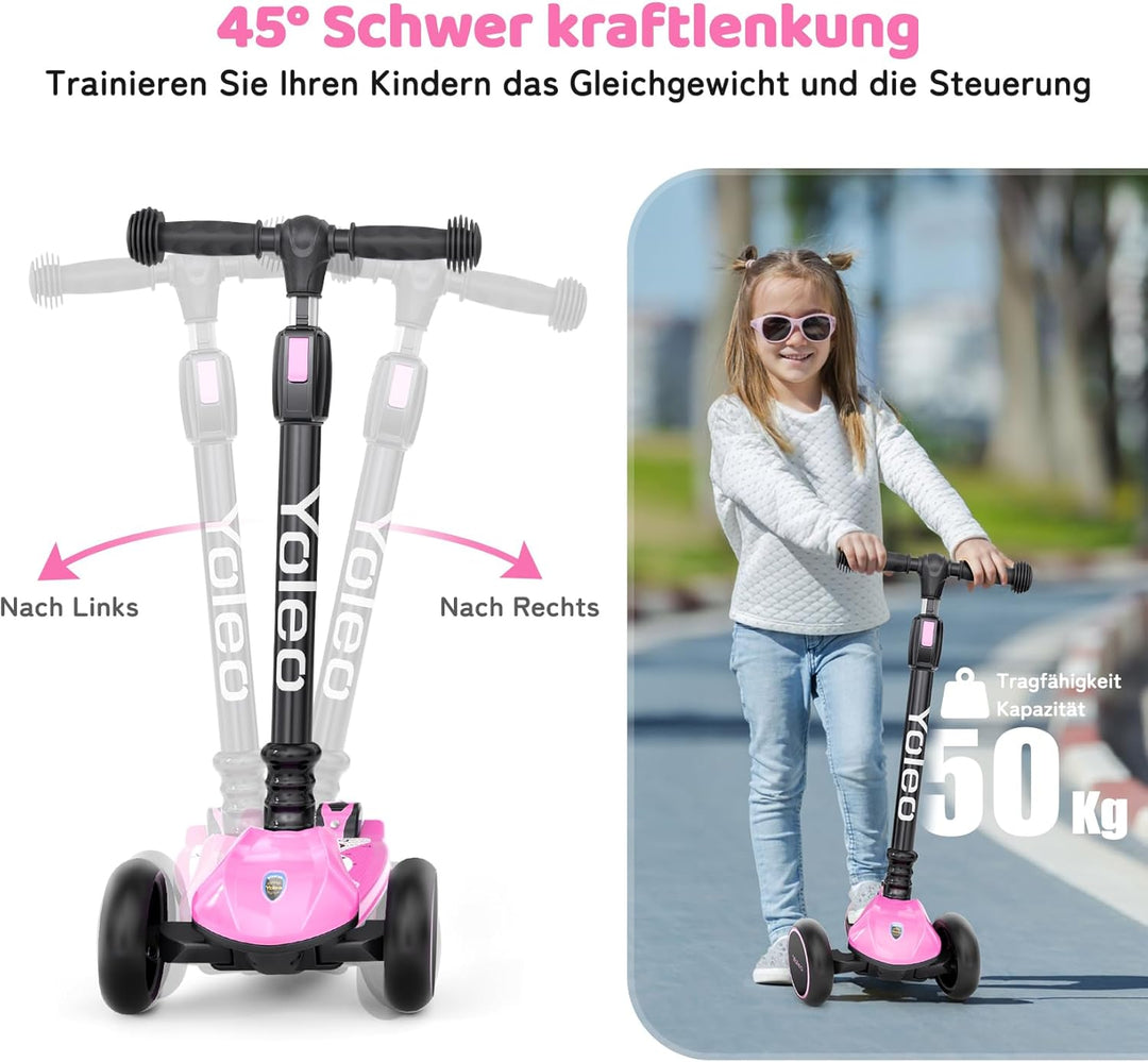 YOLEO Kinderoller Kinderscooter Dreiradscooter mit LED Räder, 2-Rädern Hinterbremsen,4 Höhenverstell