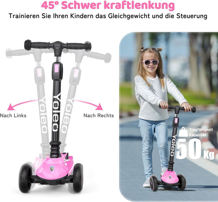 YOLEO Kinderoller Kinderscooter Dreiradscooter mit LED Räder, 2-Rädern Hinterbremsen,4 Höhenverstell
