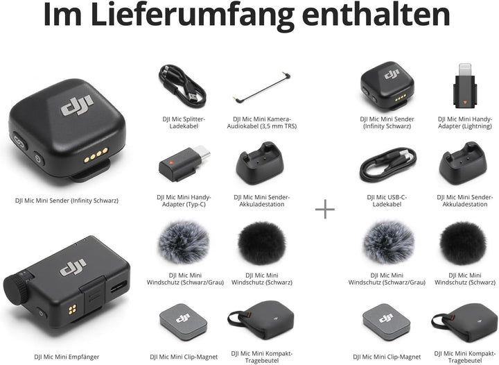 DJI Mic Mini (2 Sender + 1 Empfänger + Lightning-Adapter) für iPhone, Android & Kameras, Ultraleicht