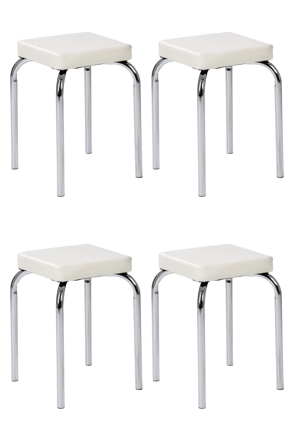 Sitzhocker - 4er Set - Stapelbar - Belastbar bis 90 kg - 36x47x36 cm - Weiss - Chromfarben - Metall