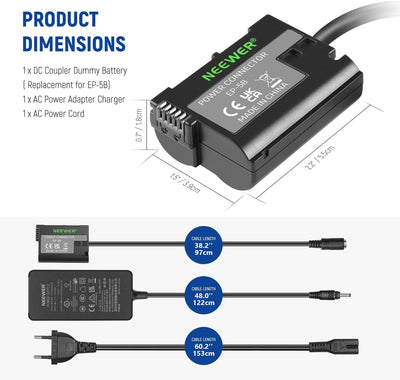 NEEWER Virtueller Batterie mit AC/DC Koppler, ersetzt die Stromversorgung des EP~5B/EN~EL15, kompati