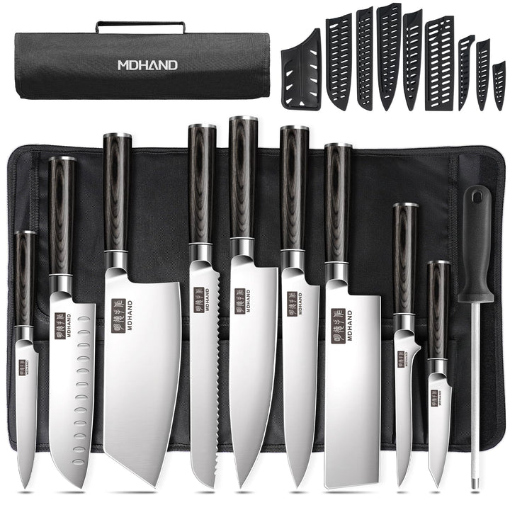 MDHAND Messerset mit Nylon Rolltasche, 10-tlg Scharfe Küchenmesser Set aus Edelstahl in Mehreren Grö