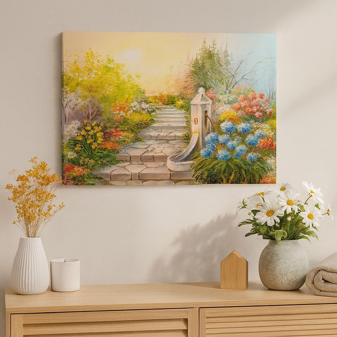 ARTTOR Bilder auf Leinwand 100x70cm Leinwandbild Garten Blumen Sommer Gross Wanddeko Bild Schlafzimm
