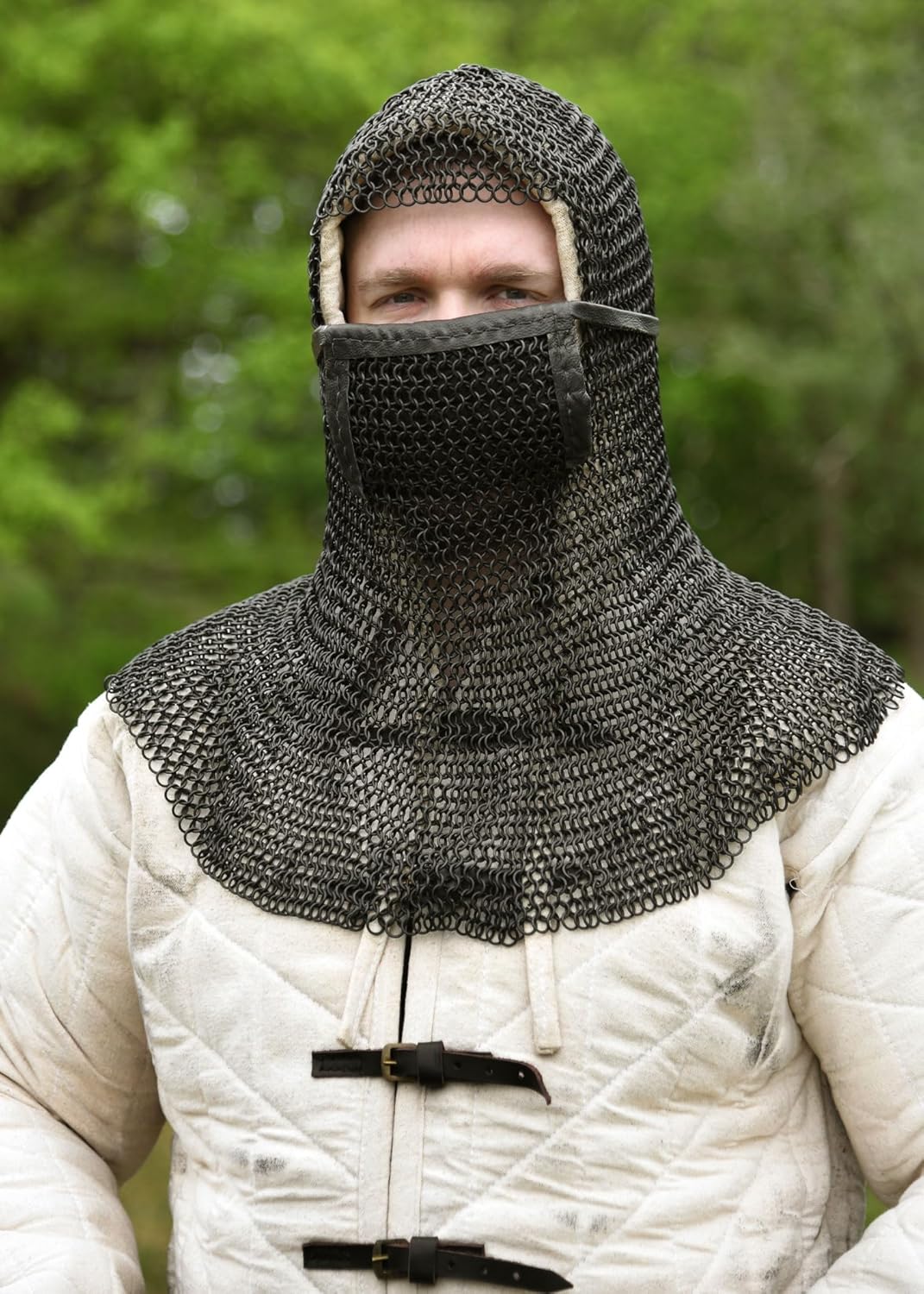 Kettenhaube mit quadratischem Mundschutz, ID8mm, brüniert - Mittelalter, LARP, Wikinger