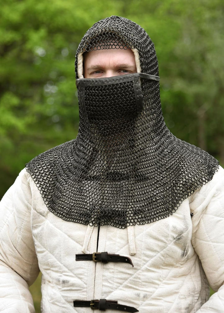 Kettenhaube mit quadratischem Mundschutz, ID8mm, brüniert - Mittelalter, LARP, Wikinger