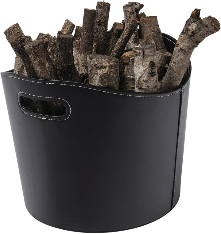Runder Holzkorb WERKA PRO Ø39xh 31cm Schwarzes Kunstleder Similicuir noir, Similicuir noir