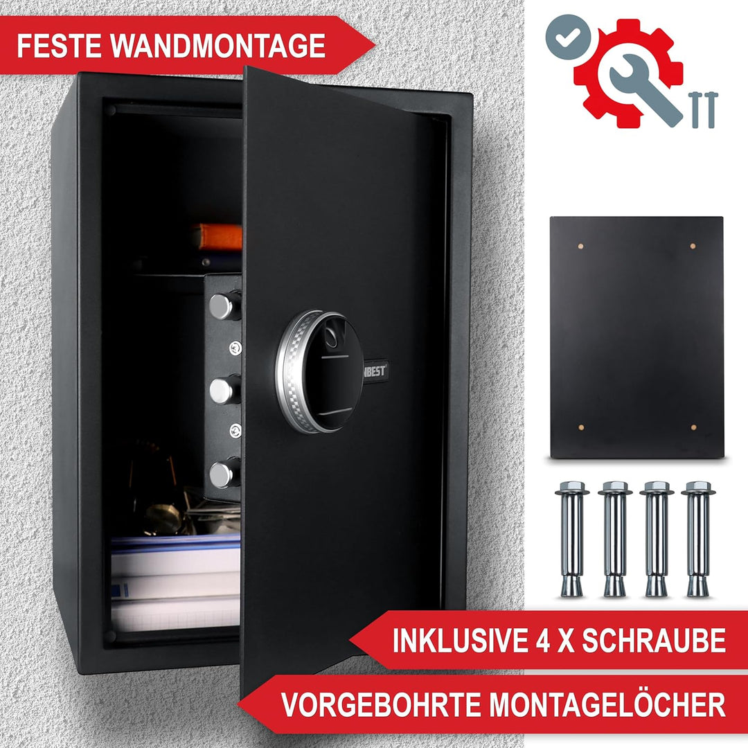 ONBEST elektr. Tresor mit Fingerabdruck, Zahlencode & Schlüssel – Safe aus Stahl mit 3 Schliessbolze