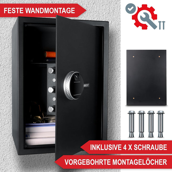 ONBEST elektr. Tresor mit Fingerabdruck, Zahlencode & Schlüssel – Safe aus Stahl mit 3 Schliessbolze