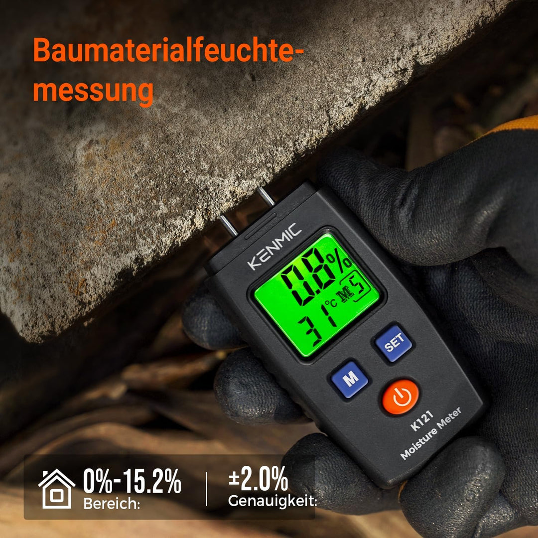 KENMIC Tragbarer Holzfeuchtigkeitsmesser mit LCD und Grünem Licht, Pin-Typ Wasserdetektor, 5 Modi fü