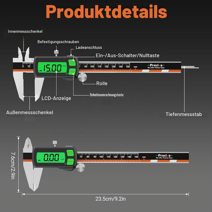 Preciva Digitaler Messschieber 150 mm, wiederaufladbar | Hintergrundbeleuchtet | Touchscreen-Digital